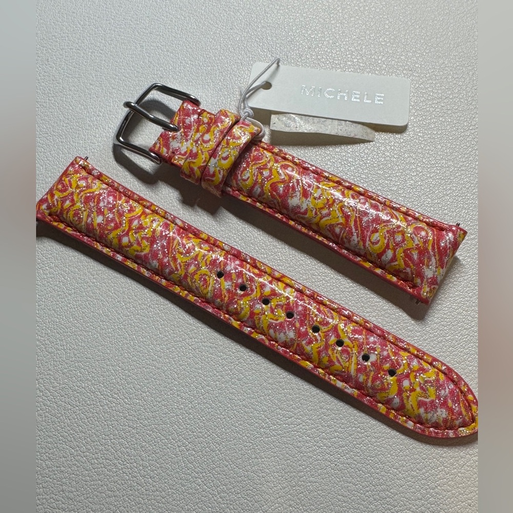 NWT Michele 18mm Pink and Yellow Swirl Leather Watch Strap Band